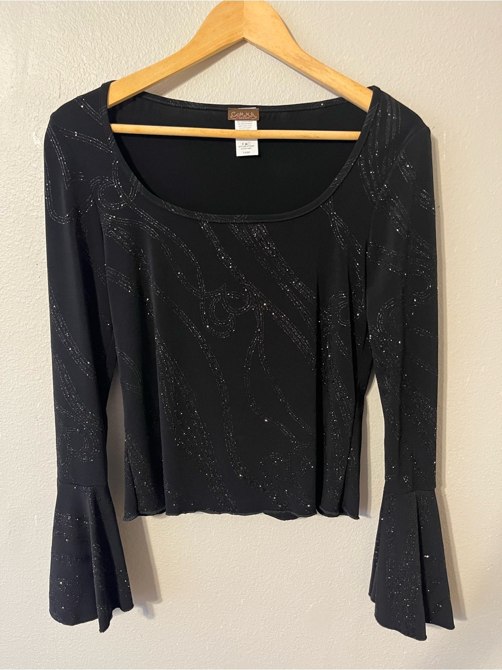 Y2K Black andSilver Shimmer Blouse Flare Bell Sleeves Whimsical Fairy-grunge NWT
